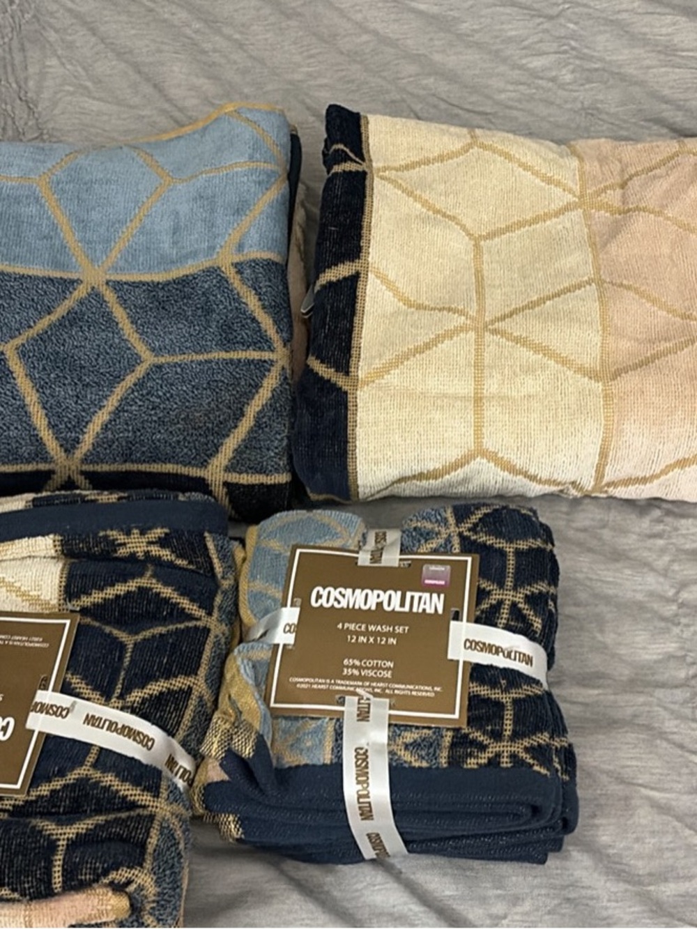 Cosmopolitan Geometric Washcloth Set in Blue, Cream and Black